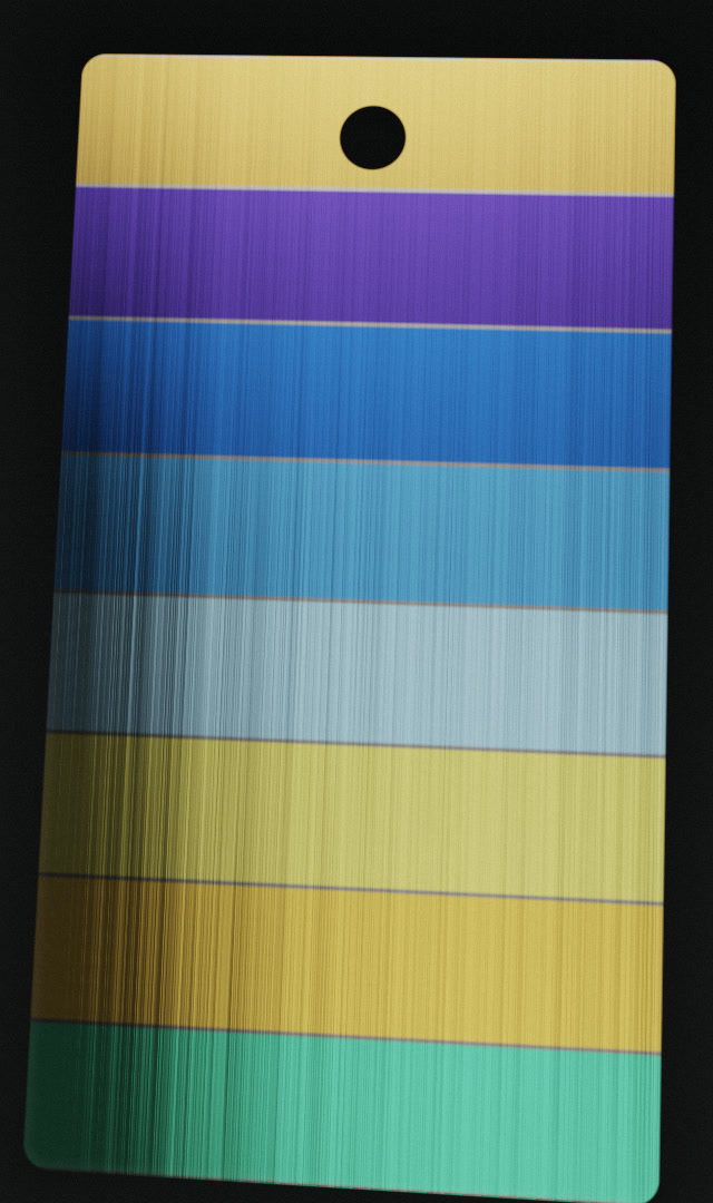A titanium test plate anodized in eight bands: bronze, violet, deep blue, blue, sky, pale gold, gold and teal