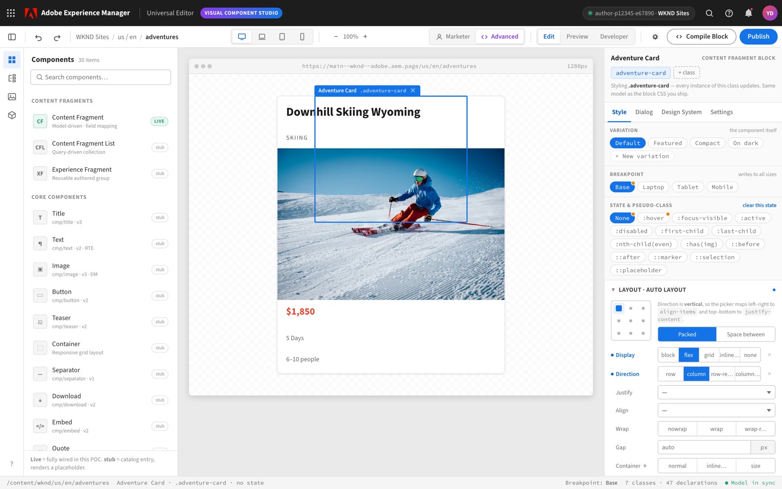 The Visual Component Studio inside Adobe Experience Manager, styling an adventure card on the live canvas